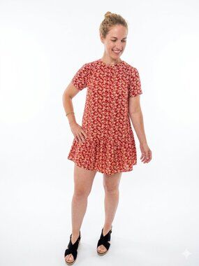 LOFT Petite Red Floral Swing Dress XSP Ruffle Hem Cottagecore Summer Mini